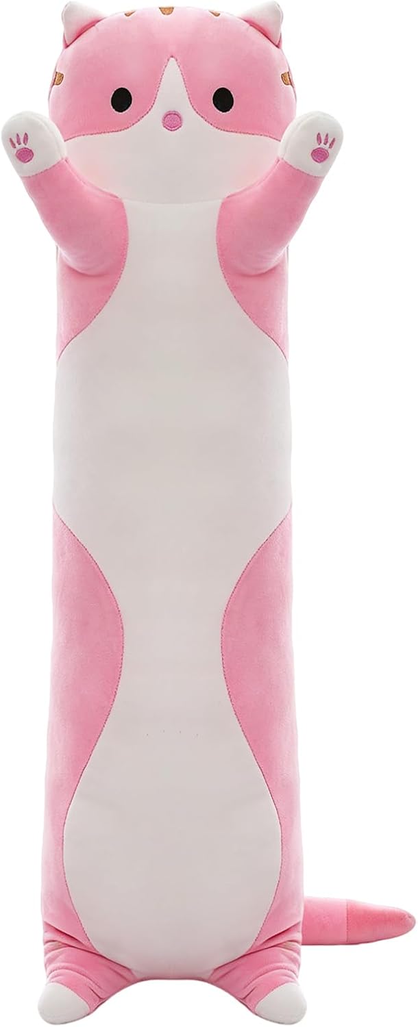 Cute long cat plush pillow, soft cartoon stuffed toy, cuddly companion for children and girls