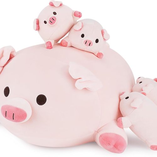Piggy family set with mother pig and 4 baby pig plush toys, cute pig pillows and cushions, birthday gift for children and adults