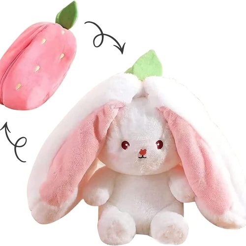Reversible carrot and strawberry rabbit plush toy with zipper design, cute decor and birthday gift for children and adults