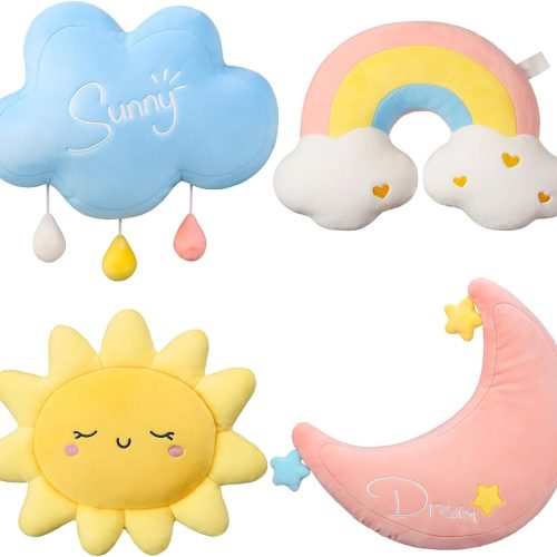 Cloud, rainbow, moon, and sun shaped pillow set, soft plush decorative cushions for home decor, gifts, and reading nook styling