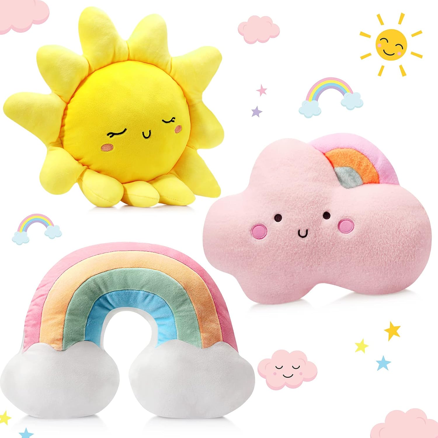 Throw pillow 3-piece set with moon, star, and cloud shapes, soft plush stuffed cushions for nursery and reading nook decor