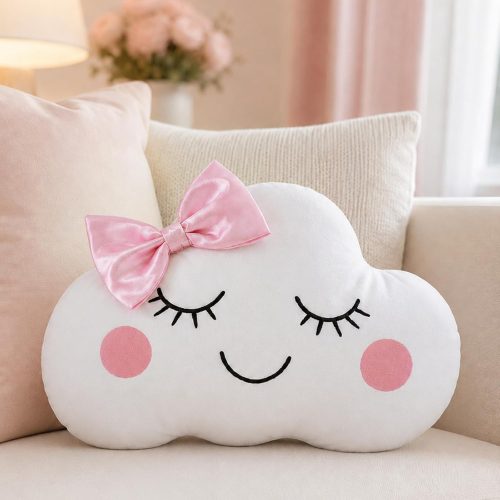 Cute cloud throw pillow with bow, soft plush home decor suitable for sofas, beds, chairs, or car headrest