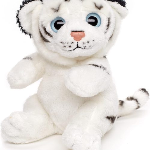 White tiger plushie with wild animal design, soft plush toy for cuddling and collecting.